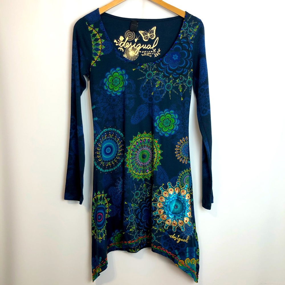 Desigual Navy Blue Green Mandala-Print Long Sleeve Dress/Tunic top